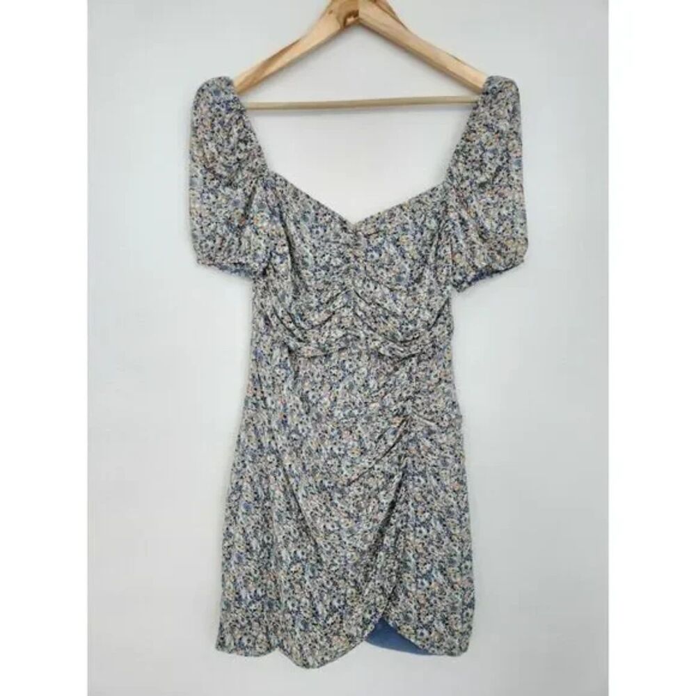 ASTR the Label Blue Floral Puff Sleeve Ruched Mini Dress | Size S